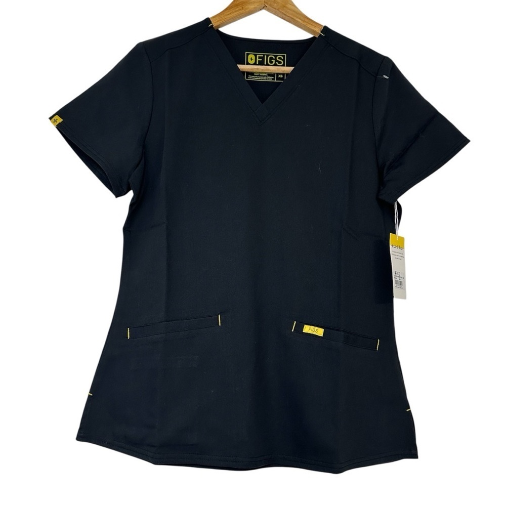 Figs ScrubsTop Women’s XS Stretch Pockets black with Yellow Logo Medical Wear - Picture 1 of 14
